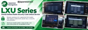 Honda Gathers LXU Series navigation security code unlock service showing Japanese radio lock screens